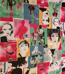 Printed Power Mesh - Newspaper - Cerise Pink & Green