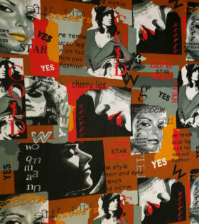 Printed Power Mesh - Newspaper - Burnt Orange & Grey