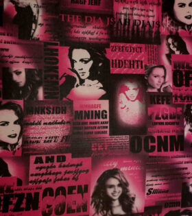 Printed Power Mesh - Newspaper - Pink & Black