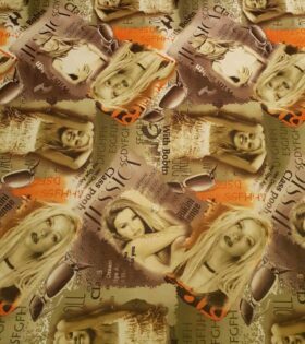 Printed Power Mesh - Newspaper - Green & Orange