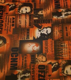 Printed Power Mesh - Newspaper - Burnt Orange & Black