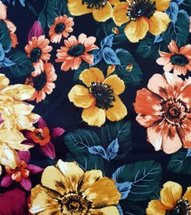 Satin Cotton Spandex - Floral - Navy Blue