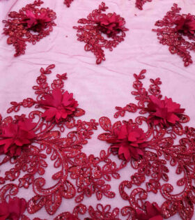 Corded Sequins 3D Tulle - Maroon