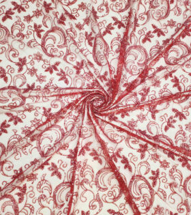 Embroidered Tulle - Ox Blood Red