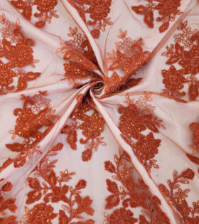 Embroidered Corded Tulle - Rust