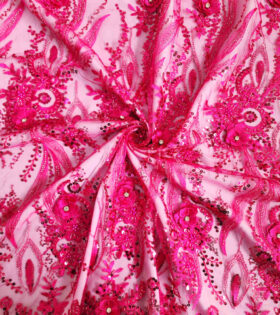 Flower & Rhinestone Tulle - Cerise Pink