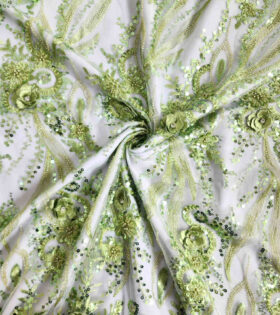 Flower & Rhinestone Tulle - Moss Green