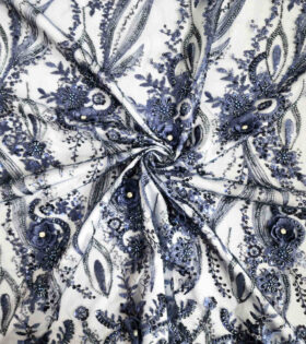 Flower & Rhinestone Tulle - Navy Blue