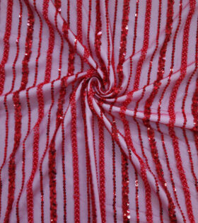 Striped Pearl & Beaded Tulle - Red