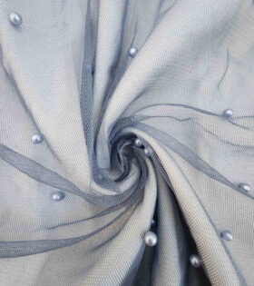 Pearl Beaded Tulle - Steel Blue