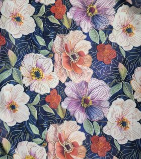 Digital Printed Duchess Satin - Floral - Navy Blue