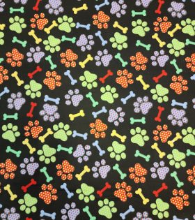 Printed Poly Cotton - Paws & Bones - Black