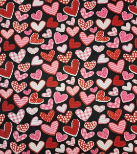 Printed Poly Cotton - Hearts - Black