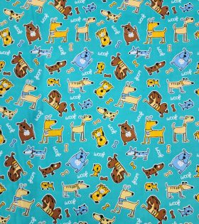Printed Poly Cotton - Dogs - Aqua
